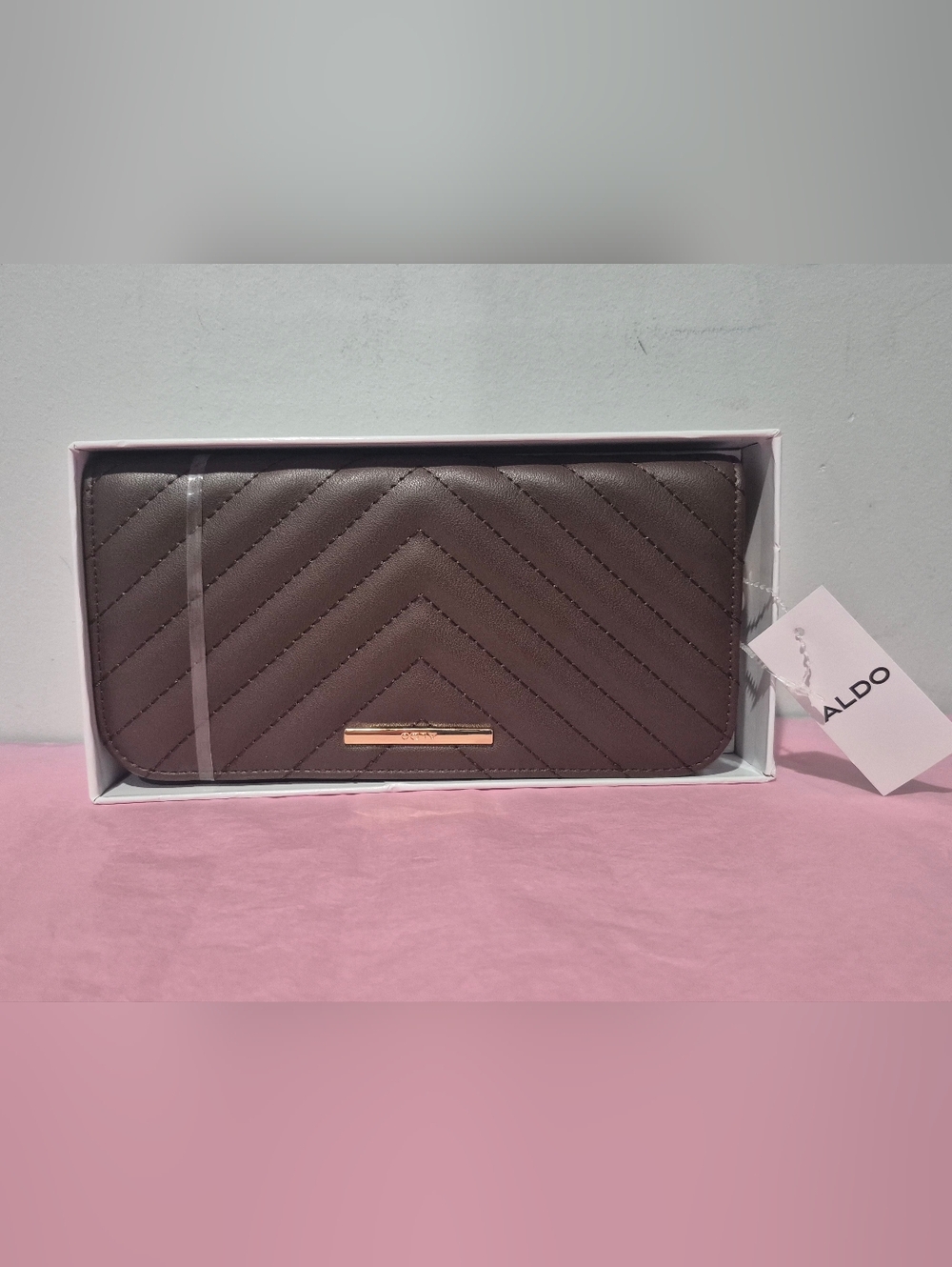 Aldo Quilted Chevron Taupe Wallet with Rose Gold Trim